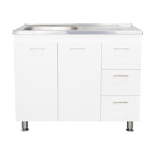Gabinete Inferior Stella, Blanco Perla, con Dos Puertas Batientes y Tres Cajones Deslizables, con Mesón Izquierdo
