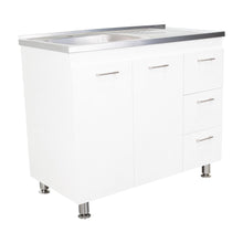 Gabinete Inferior Stella, Blanco Perla, con Dos Puertas Batientes y Tres Cajones Deslizables, con Mesón Izquierdo