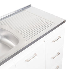 Gabinete Inferior Stella, Blanco Perla, con Dos Puertas Batientes y Tres Cajones Deslizables, con Mesón Izquierdo