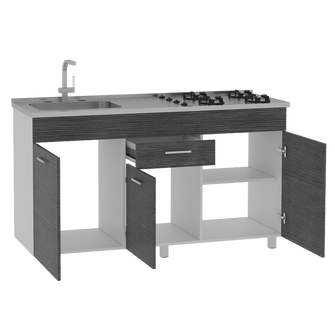Gabinete Inferior Eris, Gris y Blanco, con multiples entrepaños y amplia superficie.