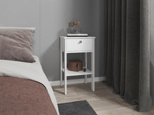 Mesa de Noche Camil II, Blanco Duqueza, con un cajon y manija tipo boton ZF