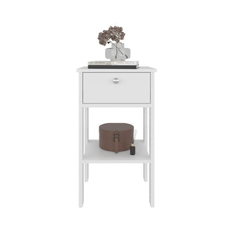 Mesa de Noche Camil II, Blanco Duqueza, con un cajon y manija tipo boton ZF