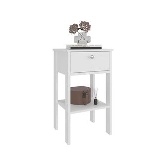 Mesa de Noche Camil II, Blanco Duqueza, con un cajon y manija tipo boton ZF