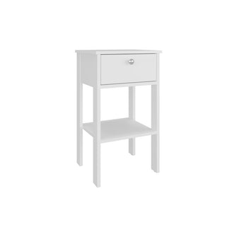 Mesa de Noche Camil II, Blanco Duqueza, con un cajon y manija tipo boton ZF