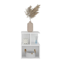 Mesa de Noche Ocaso, Blanco, Con variedad de entrepaños para ubicar objetos, diseño moderno ZF