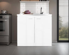 Gabinete Inferior Cantabria, Kronos Blanco Duqueza, con dos Puertas Abatibles- Mesón Izquierdo y Grifería ZF