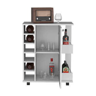 Bar Cart Argus, Blanco Duqueza, con espacio para ubicar copas y rodachines ZF