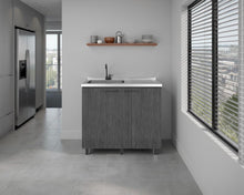 Gabinete Inferior Cantabria, Roble Gris, con dos Puertas Abatibles- Mesón Izquierdo y Grifería ZF