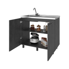 Gabinete Inferior Cantabria, Roble Gris, con dos Puertas Abatibles- Mesón Izquierdo y Grifería ZF