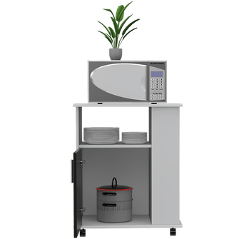 Módulo Microondas Tahara, Wengue y Blanco, con Rodachinas Plásticas y Amplio Espacio Para Almacenar Utensilios