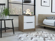 Mesa de Noche Wesley, Miel y Blanco, con Dos Cajones Organizadore