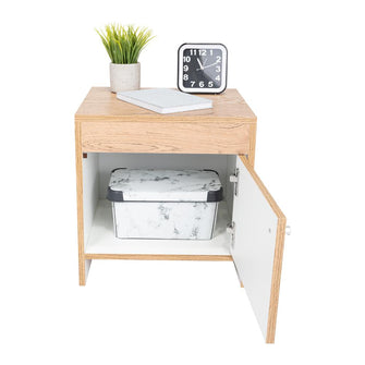 Mesa de Noche Tutto, Macadamia y Blanco, con Cajón Para Guardar Objetos Ideal Para Espacios Reducidos