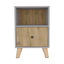 Mesa de Noche Samay, Gris y Macadamia, con Un Cajón y Patas Metálicas