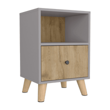 Mesa de Noche Samay, Gris y Macadamia, con Un Cajón y Patas Metálicas