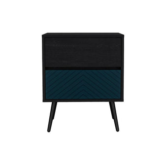 Mesa de Noche Lutso, Negro y Azul, con patas de madera X2