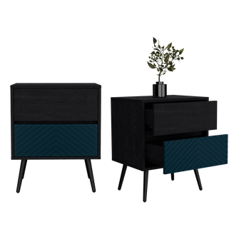 Mesa de Noche Lutso, Negro y Azul, con patas de madera X2