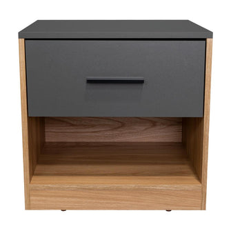 Mesa de Noche Giroa, Plata Oscuro y Fresno Europeo, con espacio para colocar objetos decorativos