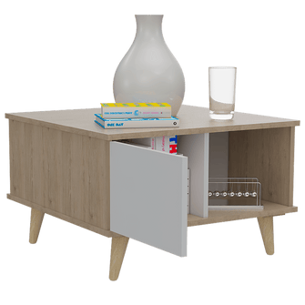 Mesa de Centro Bored, Beige y Blanco, con Una Puerta y Patas de Madera