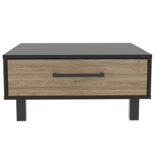 Mesa de Centro Wesley, Wengue y Miel, con Un Cajón Amplio y Patas En Acero