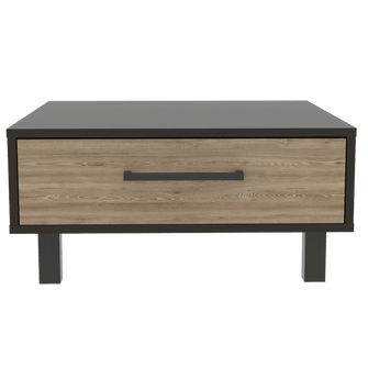 Mesa de Centro Wesley, Wengue y Miel, con Un Cajón Amplio y Patas En Acero