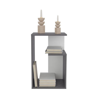 Mesa de Noche Evert, Piedra y Blanco Duqueza, con diseño moderno y espacio para ubicar objetos ZF