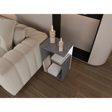 Mesa de Noche Evert, Piedra y Blanco Duqueza, con diseño moderno y espacio para ubicar objetos ZF