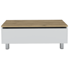 Mesa de Centro Albar, Blanco Vainilla y Macadamia, con Cajón Interno y Patas Metálicas