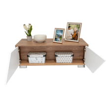 Mesa de Centro Orus, Miel y Blanco, con Cuatro Puertas y Patas En Acero