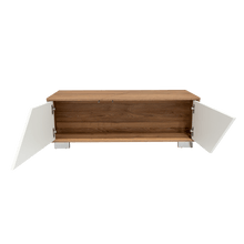 Mesa de Centro Orus, Miel y Blanco, con Cuatro Puertas y Patas En Acero