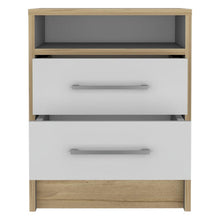 Mesa de Noche Douglas, Blanco y Café Claro, Con Dos Cajones, Espacio Para Libros Y Objetos Decorativos