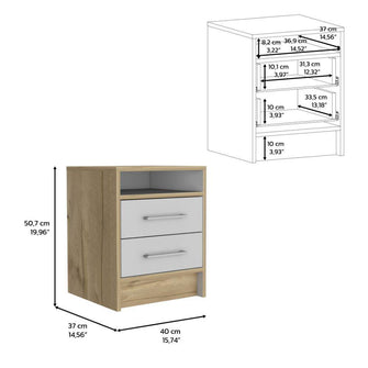 Mesa de Noche Douglas, Blanco y Café Claro, Con Dos Cajones, Espacio Para Libros Y Objetos Decorativos X2