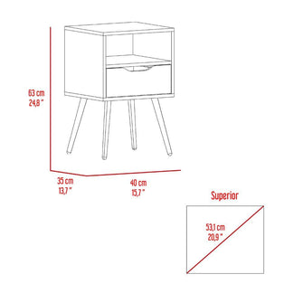 Mesa de Noche Alesio, Café Claro y Blanco, con Patas de Madera y Un Cajón