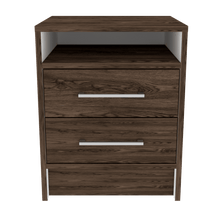 Mesa de Noche Douglas, Chocolate y Blanco, con Un Entrepaño Superior y Dos Cajones Organizadores X2