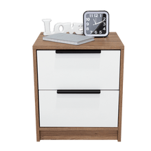 Mesa de Noche Wesley, Miel y Blanco, con Dos Cajones Organizadore