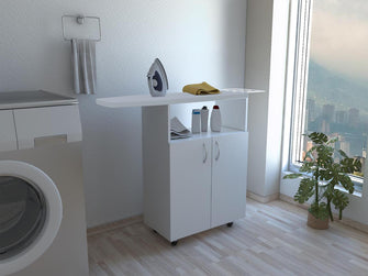Mesa Para Planchar Zendaya, Blanco Duqueza, con compartimientos para almacenar elementos de aseo ZF