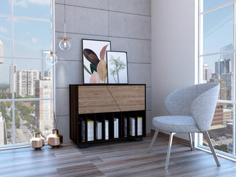 Mueble Auxiliar Orus, Caoba y Miel, con Patas En Acero y Espacio Para Objetos Decorativos