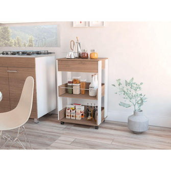 Mueble Auxiliar de Cocina Azana, Moca y Blanco, con Entrepaños y Rodachines Para Su Fácil Desplazamiento