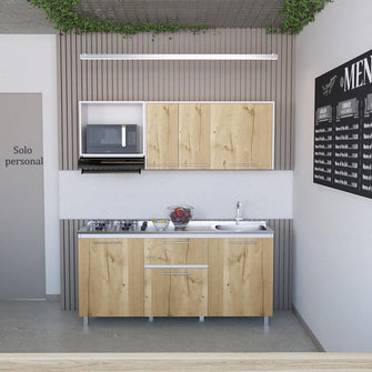 Mueble Multiusos Alan, Café Claro y Blanco, Incluye Mesón Derecho En Acero Inoxidable