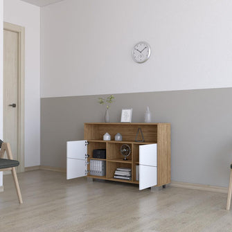 Mueble Multiusos Orus, Miel y Blanco, con Cuatro Puertas y Patas de Acero