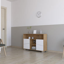 Mueble Multiusos Orus, Miel y Blanco, con Cuatro Puertas y Patas de Acero