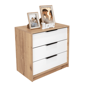 Organizador Wesley, Café Claro y Blanco, con Tres Cajones Multiusos y Manijas Metálicas X2