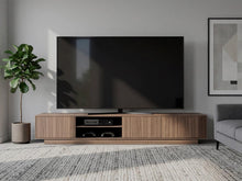 Mesa Para Tv Maldivas, Avellana y Wengue, Para Televisor de Hasta 100 Pulgadas con tres puertas