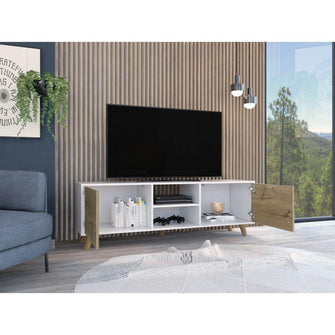 Mesa para Tv Tory, Blanco Nevado y Café Claro, con dos Puertas y Entrepaño