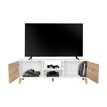 Mesa para Tv Tory, Blanco Nevado y Café Claro, con dos Puertas y Entrepaño