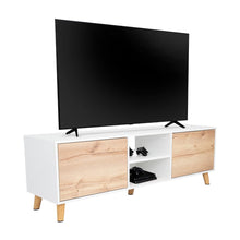 Mesa para Tv Tory, Blanco Nevado y Café Claro, con dos Puertas y Entrepaño