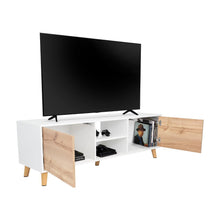 Mesa para Tv Tory, Blanco Nevado y Café Claro, con dos Puertas y Entrepaño