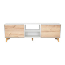 Mesa para Tv Tory, Blanco Nevado y Café Claro, con dos Puertas y Entrepaño