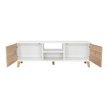 Mesa para Tv Tory, Blanco Nevado y Café Claro, con dos Puertas y Entrepaño