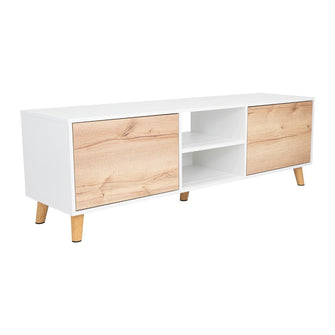 Mesa para Tv Tory, Blanco Nevado y Café Claro, con dos Puertas y Entrepaño