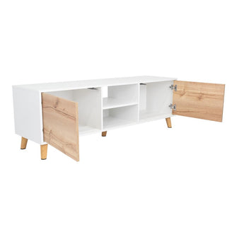 Mesa para Tv Tory, Blanco Nevado y Café Claro, con dos Puertas y Entrepaño